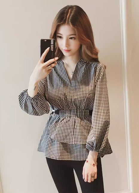 Chic Korean Style V-Neck Plaid Long-Sleeve Slim Fit Blouse Shirt for Women