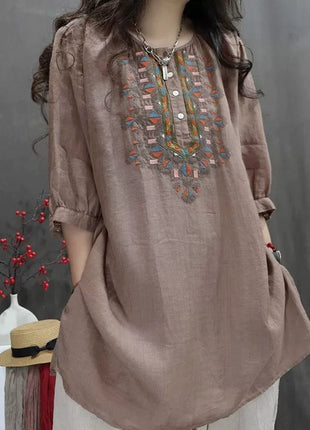 Women's Retro Embroidered Cotton Linen Oversize Mid-Length T-Shirt Blouse