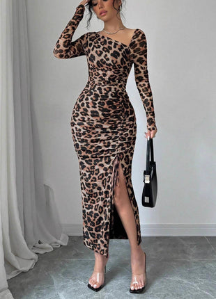 Chic Leopard Print Bodycon Dress, Long Sleeve, High Waist, Split Hem