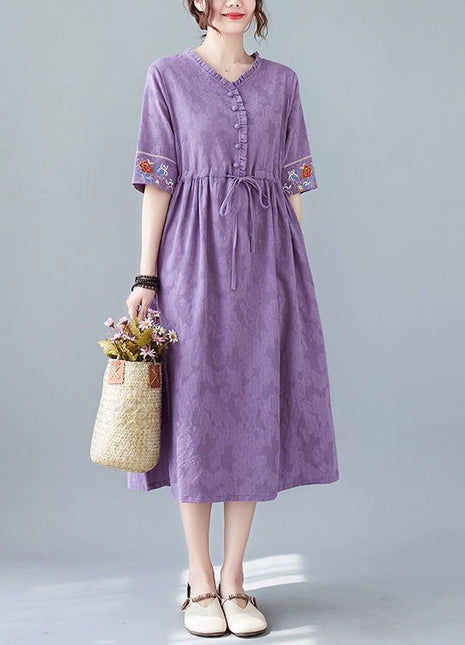 Elegant Chinese Style Embroidered V-Neck Cotton Linen Loose Fit Maxi Dress