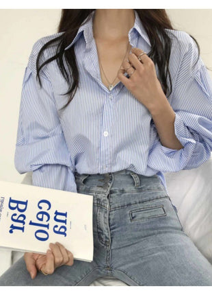 Korean Inspired Striped Lantern Sleeve Loose Fit Polyester Blouse Shirt