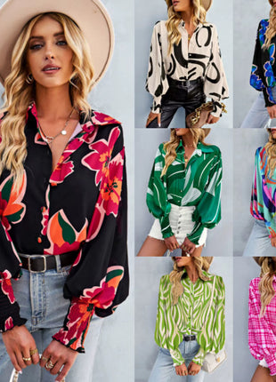 Elegant Women's Spring Floral Print Lantern Sleeve Polo Collar Loose Blouse