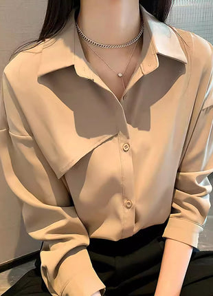 Chic French Style Loose Fit Polyester Shirt Blouse, Casual Long Sleeve Top
