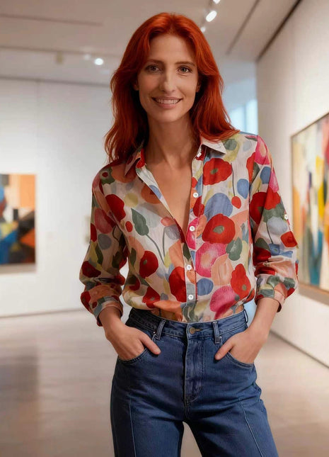 Chic Women's Floral Print Long Sleeve Blouse Top with Lapel Collar
