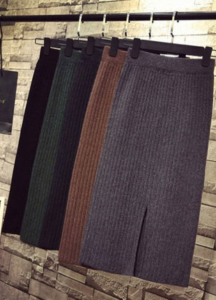 Fitted Long Knitted Woolen Midi Skirt, High Waist, Hip-Accented, Thickened