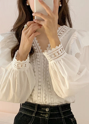 Elegant Korean-French Chic V-Neck Lace Puff Sleeve Loose Polyester Blouse Shirt