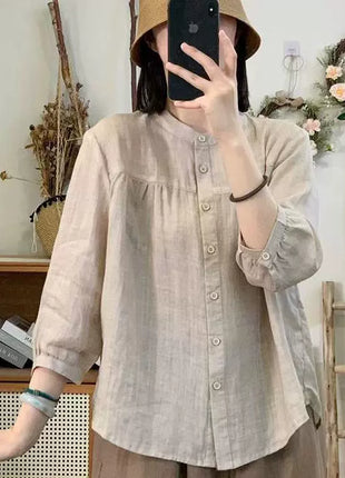 Breathable Cotton Linen Blend Seven-Sleeve Casual T-Shirt for Women