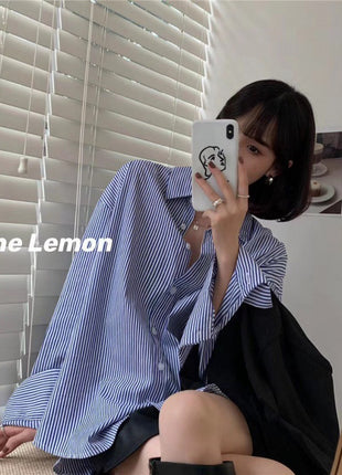 Chic Striped Long-Sleeve Button-Up Shirt: Loose Korean Style for Summer Comfort