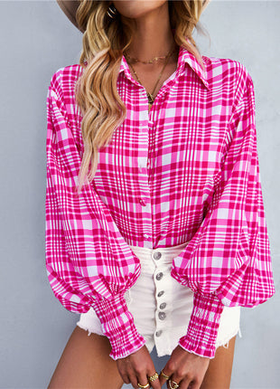 Elegant Women's Spring Floral Print Lantern Sleeve Polo Collar Loose Blouse