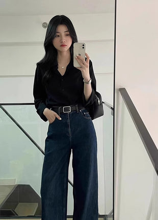 Elegant French Style Black Long-Sleeve Shirt for Women - Chic Commuter Sun Protection Top
