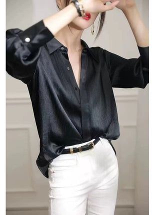 Elegant Women's Loose Fit Long-Sleeve Polyester Lapel Collar Single-Breasted Blouse