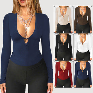 Women's V-Neck Long Sleeve Hollow-Out Slim Fit Top for Autumn Fashion