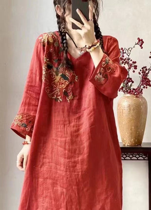 Embroidered Chinese Style Cotton Linen Plus Size Mid-Length Loose Fit Summer Dress