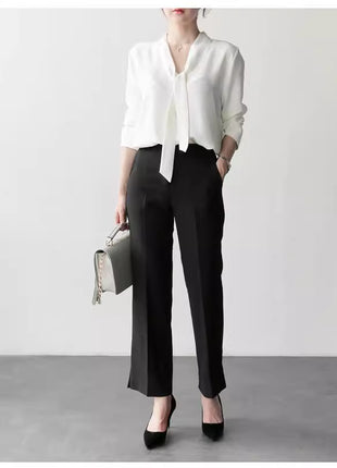 Elegant V-Neck Chiffon Blouse with Ribbon Tie - Loose Fit Long Sleeve Top