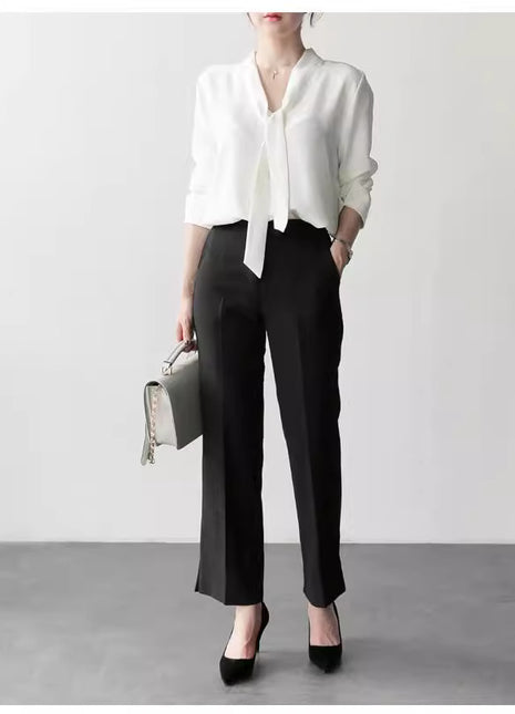 Elegant V-Neck Chiffon Blouse with Ribbon Tie - Loose Fit Long Sleeve Top