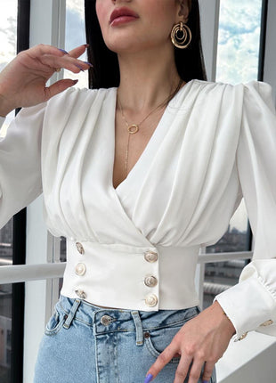 Chic European V-Neck Crop Top Blouse with Puff Long Sleeves & Waist Detail
