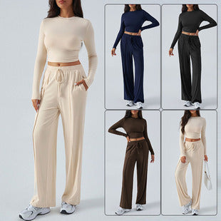 Women's Autumn Loose Fit Long Sleeve Top & Wide-Leg Trousers Set