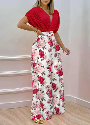 Women's European Style Printed Bat-Sleeve Top & Wide-Leg Pants Set
