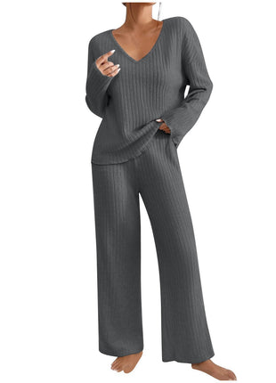 Women's Oversize V-Neck Ribbed Brushed Long-Sleeve Leisure Set for Fall Winter