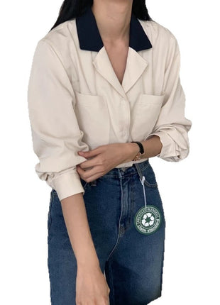 Chic French Retro Color Block Lapel Oversized Casual Women's Shirt Top