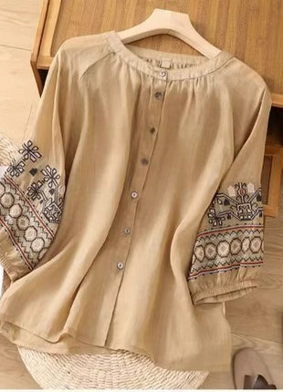 Women's Retro Embroidered Cotton Linen Lantern Sleeve Summer Blouse Shirt Top
