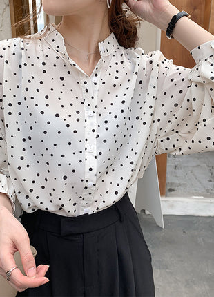 Chic Korean Polka Dot Chiffon Long-Sleeve Blouse with Elegant Lantern Sleeves