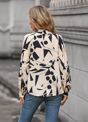 Women's Elegant Abstract Geometric Print Casual Lantern Sleeve Shirt Top