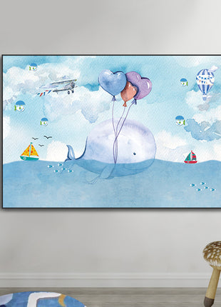 2D Flat, 1pc Large Modern Minimalist Whale Wall Art - Ocean Painting with Whale,  Framed Canvas Print in Sky Blue, for Living Room, Bedroom, Office Decor - Easy Hang Marine Life Poster Sea Decor, Home Decoration