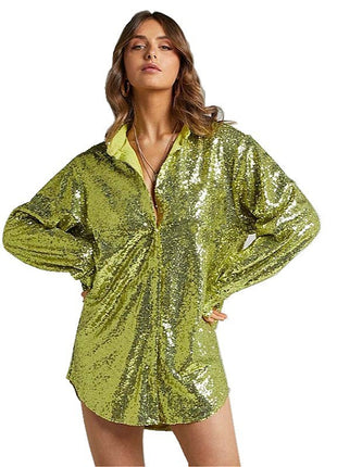 Dazzling Sequin Oversize Mid-Length Shirt - European Style Long Sleeve Top