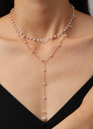 Elegant European Style Pearl Tassel Y-Shape Layered Necklace for Women