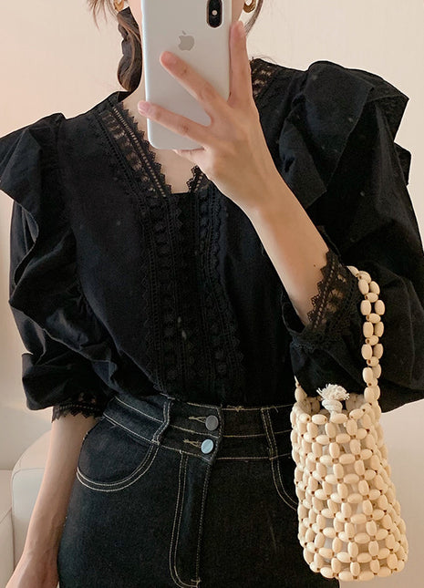 Elegant Korean-French Chic V-Neck Lace Puff Sleeve Loose Polyester Blouse Shirt