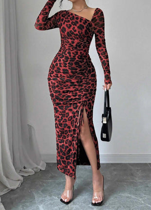 Chic Leopard Print Bodycon Dress, Long Sleeve, High Waist, Split Hem