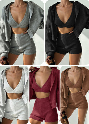 Chic Zip-Up Hoodie & Shorts 3-Piece Leisure Set for Women