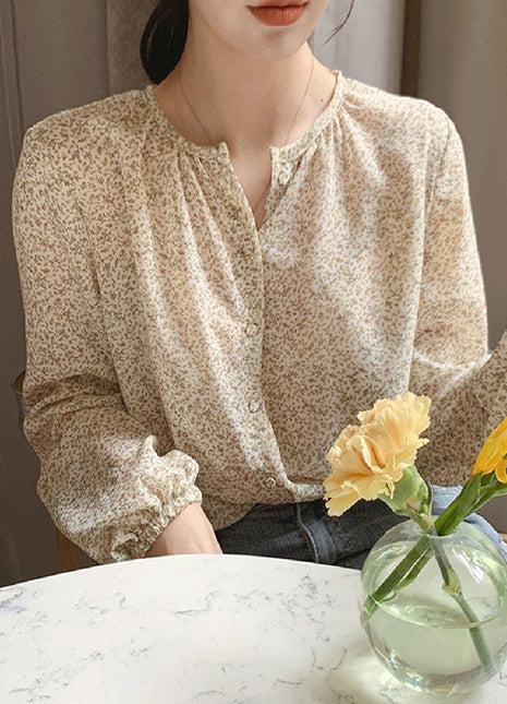 Fashionable Chiffon Autumn Retro Loose Fit Puff Sleeve Floral Women's Shirt Top