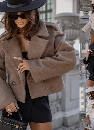 Fashionable Women's Wool Blend Suit Collar Long Sleeve Solid Winter Jacket