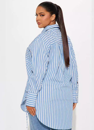 Trendy European Style Loose Striped Long-Sleeve Cardigan Shirt with Pockets