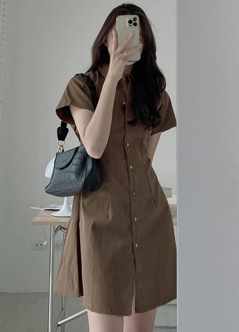 Elegant Korean Style Short Sleeve A-Line Shirt Dress with Lapel Collar