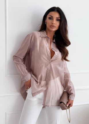 Trendy Rhinestone Sheer Long Sleeve Button-Down Cardigan Blouse Top