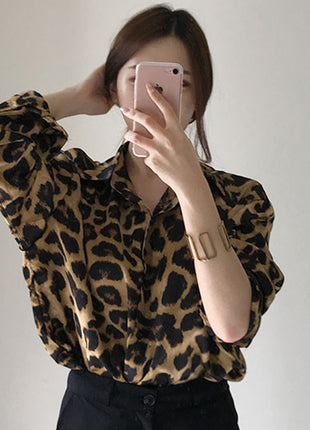 Chic Korean Retro Leopard Print Oversized Long-Sleeve Shirt - Autumn Leisure Style