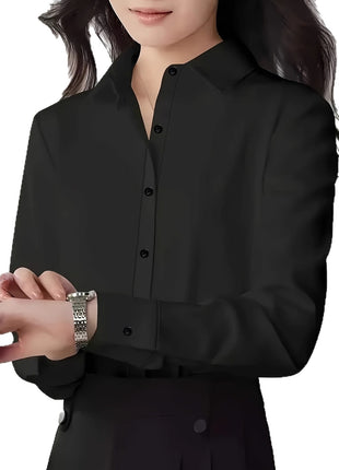Elegant Commuter Long-Sleeve Button-Up Shirt - Pure Color Polyester Blend