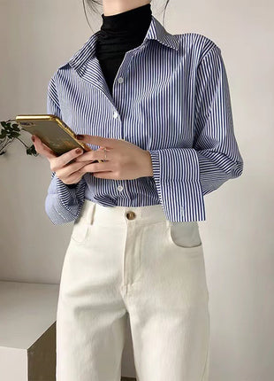 Chic Blue Striped Long-Sleeve Women's Polyester Office Commuter Shirt