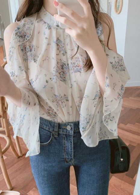 Women's Floral Chiffon Off-Shoulder Blouse with Elegant Bell Sleeves