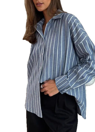 Women's European Style Striped Long Sleeve Cardigan Shirt Jacket