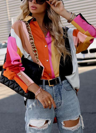 Chic Loose Fit Floral Leopard Print Lantern Sleeve Cardigan Shirt Blouse