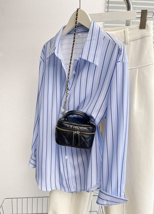 Chic European City Style Striped Oversized Long-Sleeve Casual Polyester Shirt