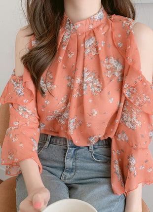 Women's Floral Chiffon Off-Shoulder Blouse with Elegant Bell Sleeves