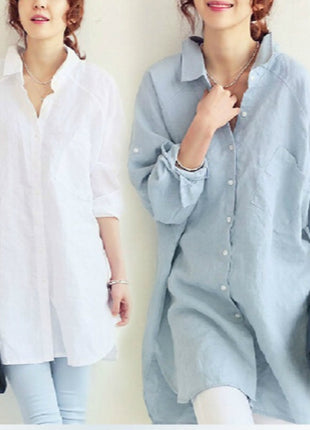 Oversize Cotton Linen Long Shirt Dress with Polo Collar & Pockets