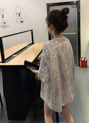 Sparkling Sequin Loose Fit Short Sleeve T-Shirt Dress for Effortless Style