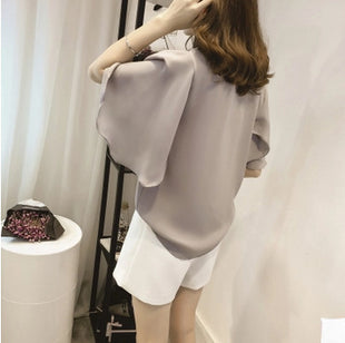 Chic Plus Size Korean Style Chiffon Blouse - Loose Fit Short Sleeve Top