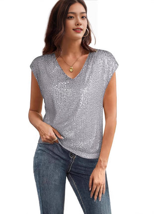 Women's Glamorous V-Neck Sequin Short Sleeve Top - Shiny Party Blouse